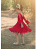 Long Sleeve Red Lace Knee Length Flower Girl Dress